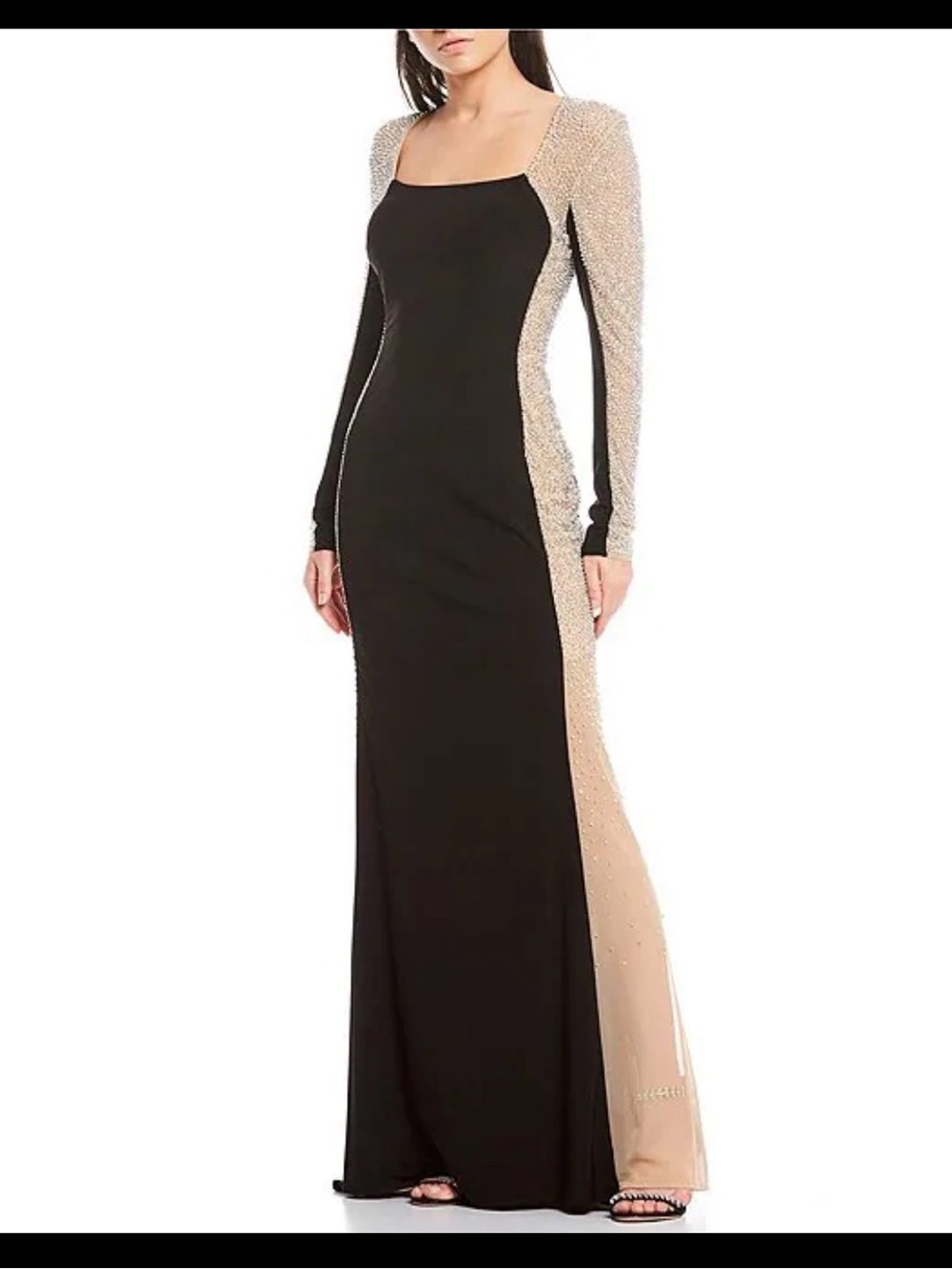 Xscape Black Nude Silver Crystal Beaded Long Sleeve Gown Size 8 $298